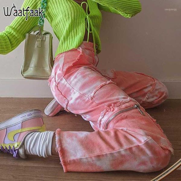 

waatfaak tie dye patchwork ripped straight leg jeans high waist zipper up streetwear cargo pants pockets womens jeans skinny1, Blue