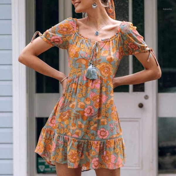 

casual dresses ruffles orange floral summer bohemian dress vintage v-neck short sleeve boho holiday women beach party wear1, Black;gray