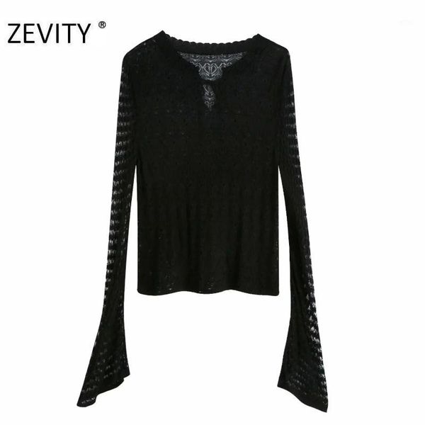 

zevity women perspective jacquard mesh knitted black smock blouse shirts women flare sleeve casual slim blusas ls71731, White