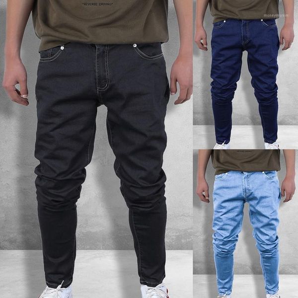 

men's jeans fashion men's casual stretch skinny trousers tight pants solid color men1, Blue