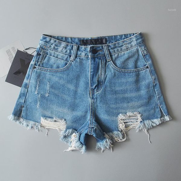 

2018 denim shorts woman summer high waist hole tassel high-slit jeans pants xl white jeans short feminino ripped1, Blue