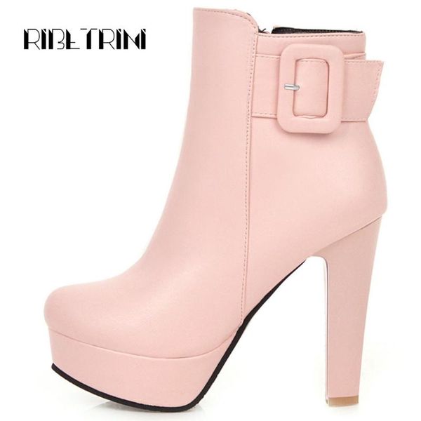 

boots ribetrini platform ankle women autumn winter elegant round toe high heels bukle ladies shoes woman size 34-43, Black
