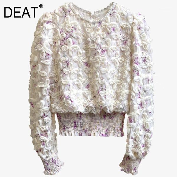 

deat 2020 autumn new fashion round neck rose decoration stretch waist chiffon shirt sweet temperament all-match pullover, White