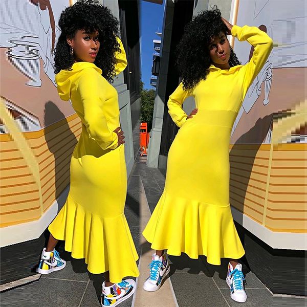 

designer women's long skirt solid color hooded thickened sweater slim fishtail dresses pullover mid waist ruffle skirts, Black;gray