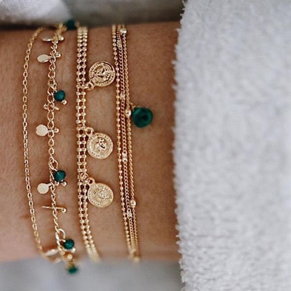 

bohemian modern stylish gold plating 6pc bracelet set coins & beads simple fashion bracelet gift., Golden;silver
