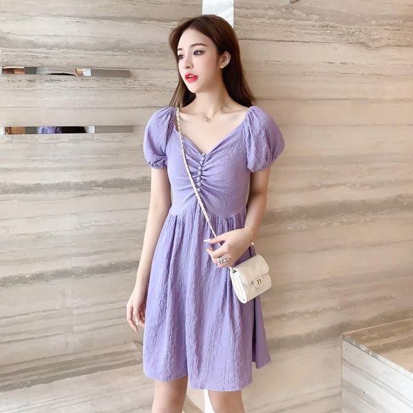 

ead 2020 summer new korean v-neck short-sleeved dress female temperament slim student sweet high waist large size dress1, Black;gray