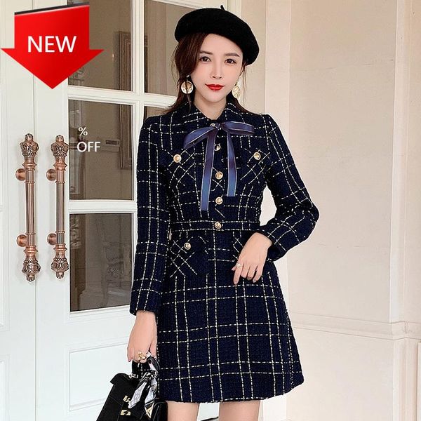 

jacket + sleeveless vest dress suit 2020 winter women's bow pocket jacket set ladies 2-piece dress blue plaid tweed wool short, Black;gray