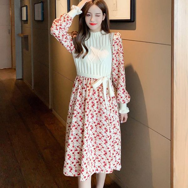 

casual dresses korean version dress autumn winter the splicing floral bowknot long sleeve sweater high collar, Black;gray