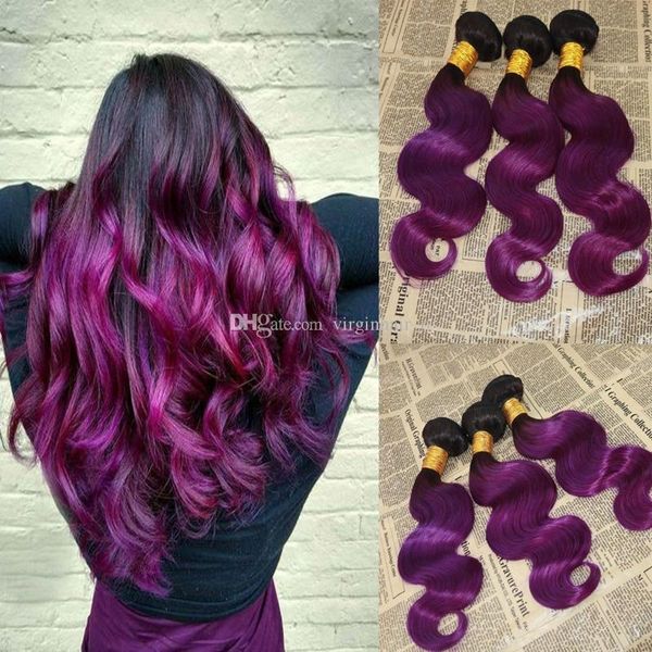 

3pcs lot brazilian ombre human hair extensions #1b purple dark roots two tone hair weaves body wave wavy virgin hair wefts 3 bundles, Black