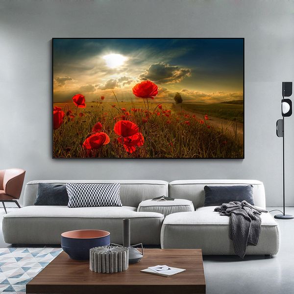 

red poppies flowers canvas paintings sunset landscape canvas posters and prints cuadros wall art pictures for living room