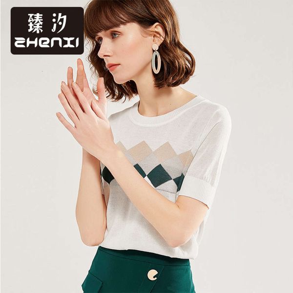 

zhenxi 2020 summer new color contrast round neck geometric rhombic pullover sweater loose short sleeve t-shirt s8623, White;black