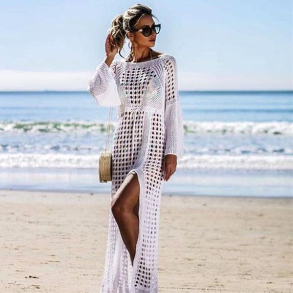 

women hollow out bikini swimwear cover up crochet beach long dress, White;black