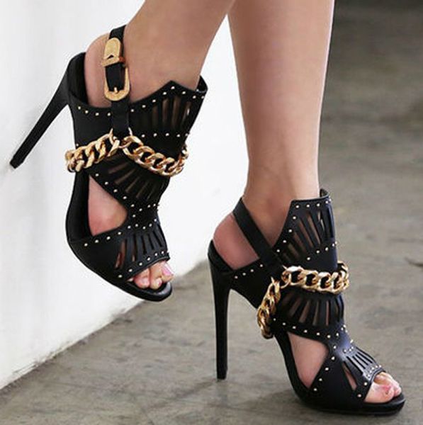 

metal chains gold women rivets stunts sandals come back strand buckle high-heel peep-tap-summer geometric slash gladiator shoes 3mlo, Black