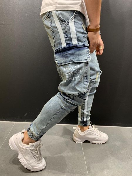

premium double stripe jean pockets patched pants q0105, Black;white