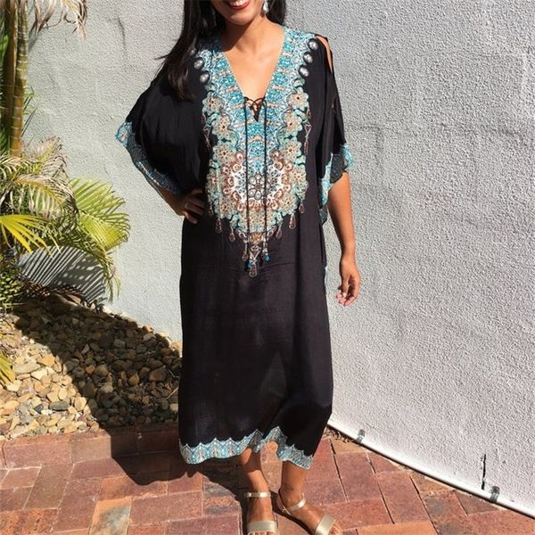 

quick-drying black indie folk embroidered long summer beach dress moroccan kaftan plus size women beachwear maxi dress n910 y200805, Black;pink