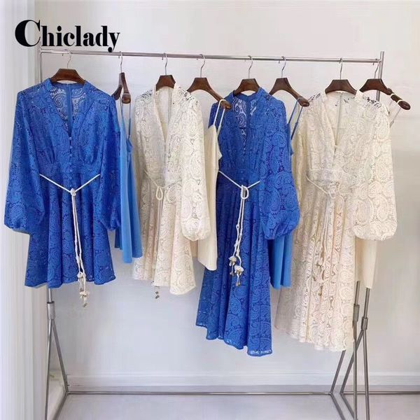 

pinkoz runway celebrity new fashion lace hollow out navy blue sashes v-neck dress party birthday dresses women robe 201204, Black;pink