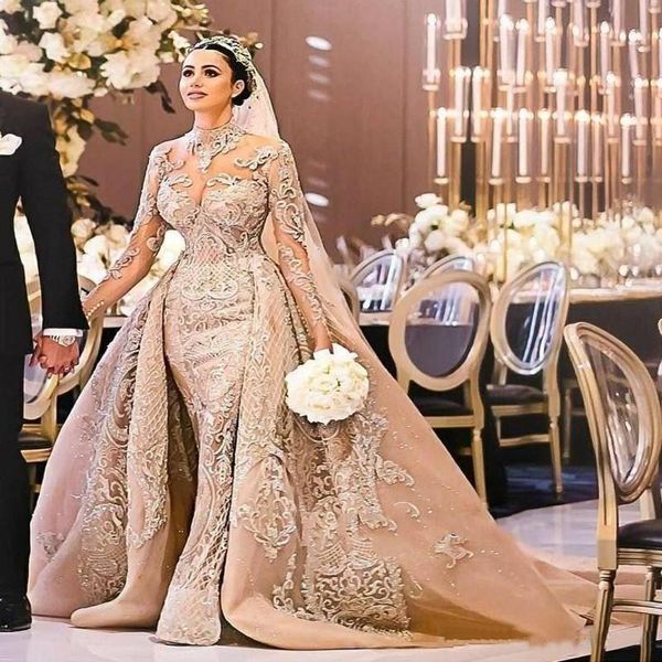

arabic dubai gorgeous high neck long sleeve wedding dress 2022 mermaid lace appliques detachable train bridal gowns vestido de noiva, White