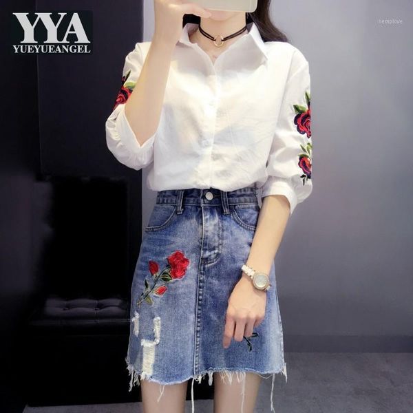 

embroidery women single breasted shirt summer sets floral denim hole ripped mini skirt trendy office ladies matching set outfit1, White