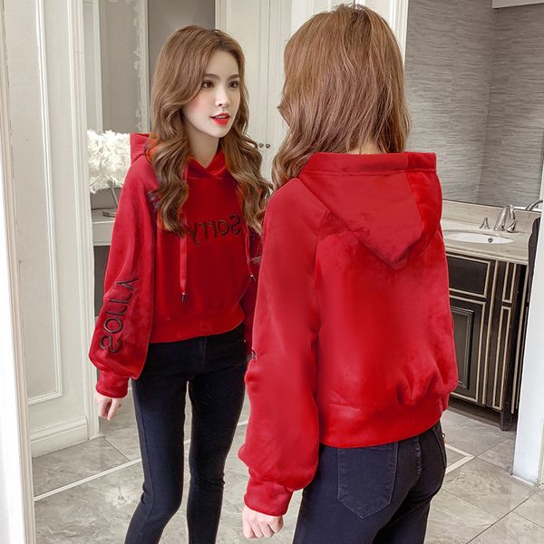 

short autumn winter women's loose hooded velvet plush embroidery thickened sweater coat, Black