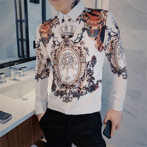 

gold black 2020 print baroque slim fit club formal shirts for camisa homem luxury long sleeve flower shirt men c1212, White;black