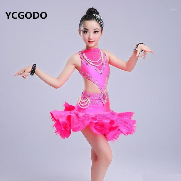 

stage wear latin dance dress girls tassel skirt children ballroom dancing dresses for kids salsa performance wear1, Black;red