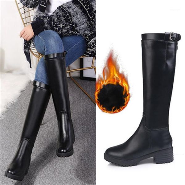 

boots winter zipper long women square heel knee-high fashion female black plush warmth snow round toe ladies shoes1
