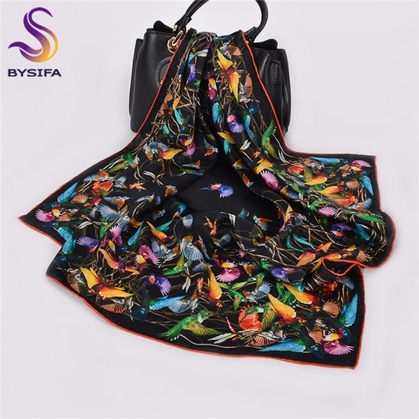 

bysifa] black and white 100% silk scarf hijab women brand bird design square shawls 68*68cm fall winter neck scarves y201007, Blue;gray