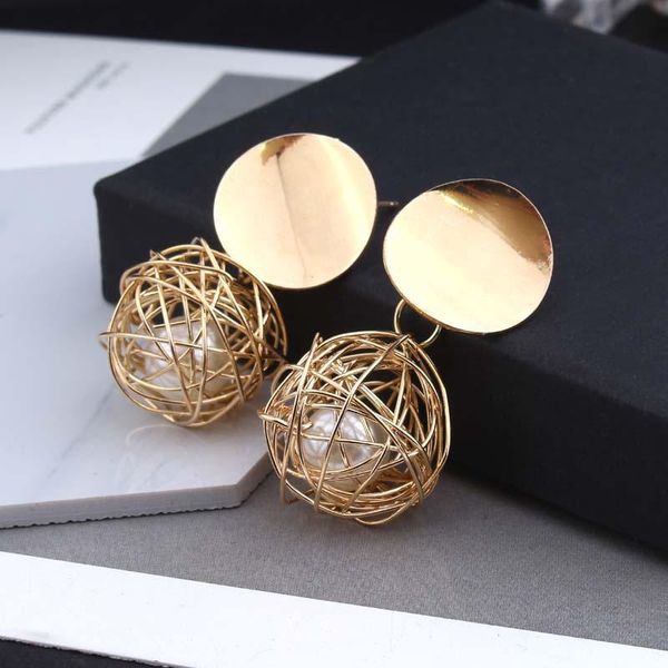 

dangle & chandelier vintage geometric earrings woven round ball pearl stud metal accessories fringe earings fashion jewelry 2021 zilveren oo, Silver