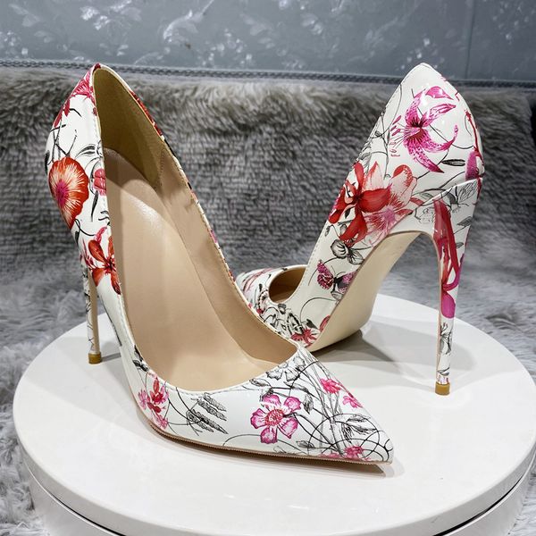Venda Quente-Novo Estilo Mulheres Sapatos Gráfico Impressão Feminina Fêmea Branco Patente Couro Floral Pontuda Toe 8-12cm Salto alto sapato sexy senhoras lindas