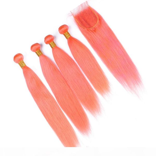 

peruvian human hair orange color straight 4bundles and closure 5pcs lot pure orange virgin hair weaves with 4x4 lace front closure, Black;brown
