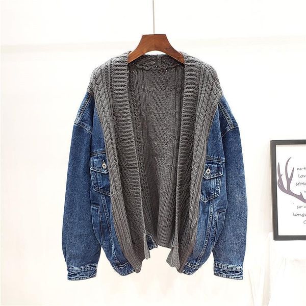 

ewq] spring autumn 2020 loose sweater stitching denim coat women's long sleeve knitted cardigan korea jacket women large size, Black;brown