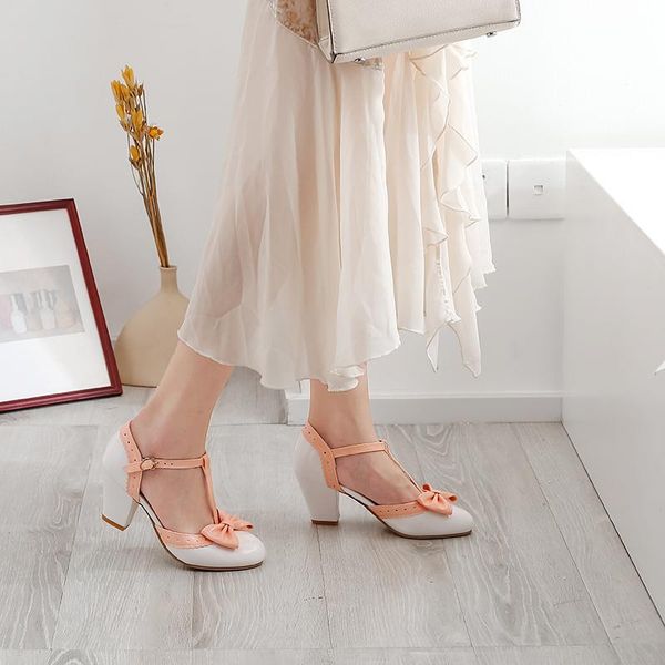 

vintage style mix-color t-strap pumps woman thick high heels ankle strap shoes ladies plus size 43 party shoes chaussure femme, Black