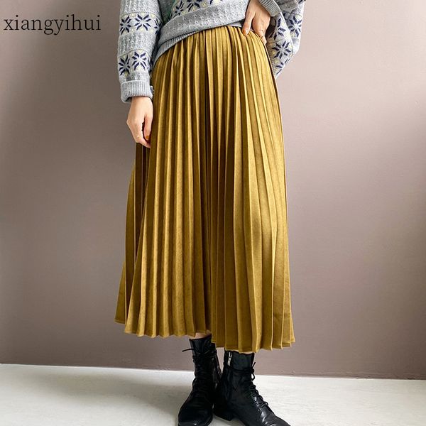 

korean casual long pleated skirt women autumn fashion elastic waist skirts 6 colors vintage slim fit elegant bottoming skirt y1214, Black