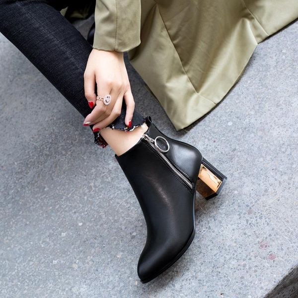 

boots lovirs women ankle pointed toe zipper up chunky metal mixed color heel shoes for size34-43, Black