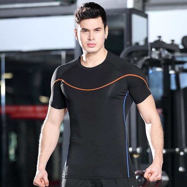 

sports tights short sleeve stretch compression fitness suit men's running training quick dry t-shirt workout shirts gym shirt1, Black;blue