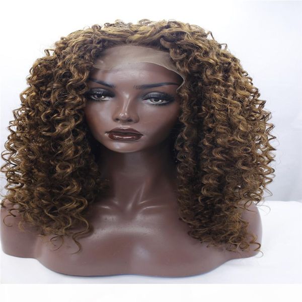 

lace front wigs african american kinky curly wig mixed brown lace front wigs synthetic hair 16" inch heat resistant japanese fiber for, Black;brown