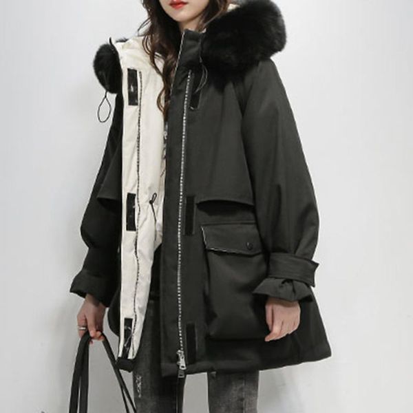 

women's down & parkas parker fur collar jacket women's mid-length japanese and korean 2021 loose thick warm chic, Black