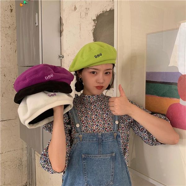 

berets 1pcs letter embroidery fleece women beret fashion casual adjustable hats woman autumn winter accessories, Blue;gray