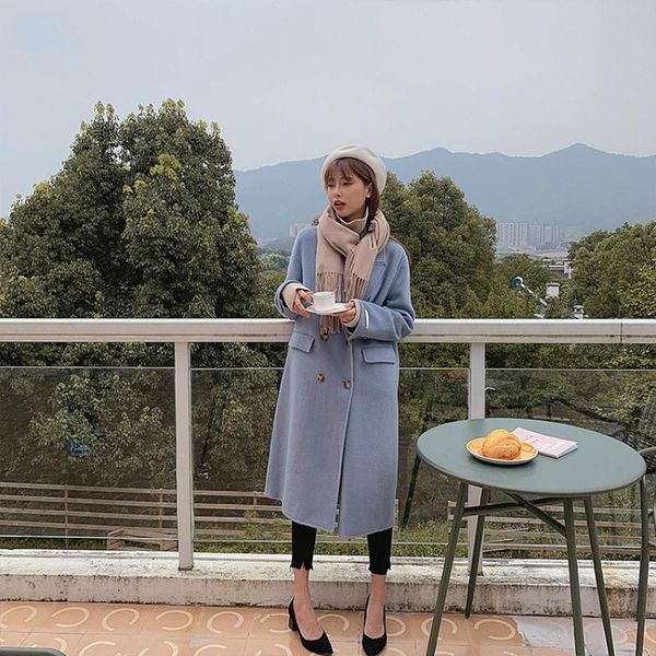 

women's wool & blends double sided cashmere jacket women 2021 winter high end lapel breasted loose plus size handmade long coat, Black