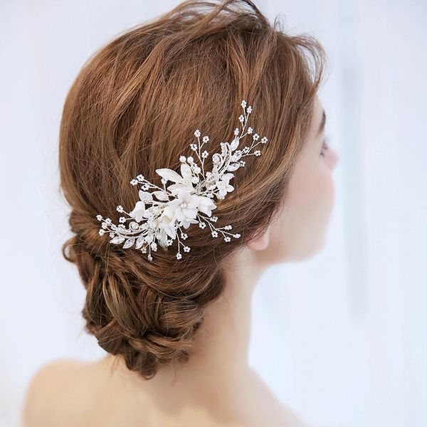 

trendy wedding hair accessories rhinestone pearl hair comb for women handmade flower headdress bride tiara jewelry accessories, Golden;silver