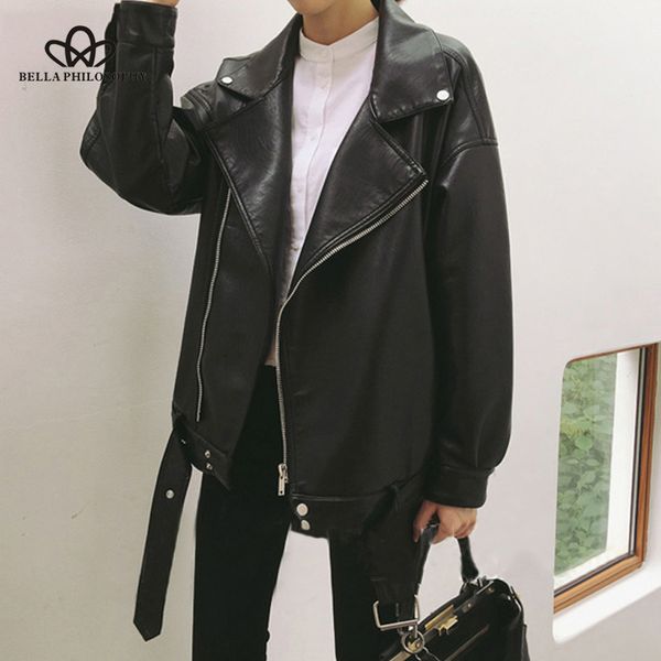 

bella philosophy loose pu faux leather jacket women classic moto biker jacket autumn lady basic coat fashion black outerwear 201026, Black;brown