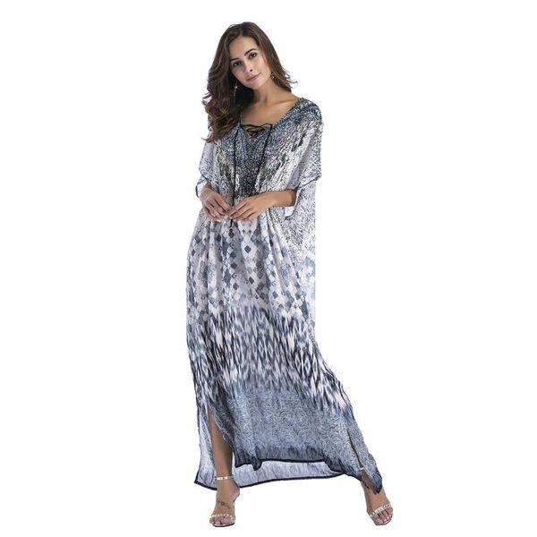 

women's swimwear 2021 bohemian printed cover-ups plus size boho kaftan women beach wear swim suit cover up v-neck dress a521, White;black