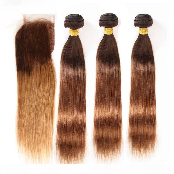 

brown to auburn ombre malaysian virgin human hair wefts 3bundles with closure #4 30 medium auburn ombre hair weaves with 4x4 lace closure, Black;brown