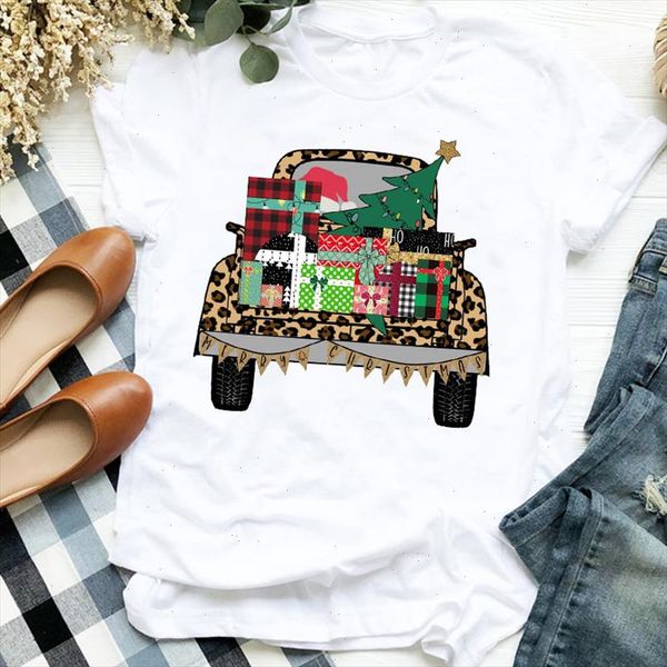 

christmas leopard gift truck print t shirt women short sleeve o neck loose tshirt summer women tee shirt camisetas mujer, White