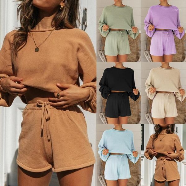 

women o neck long sleeve loose set and shorts knit casual loose two piece sets1, Gray