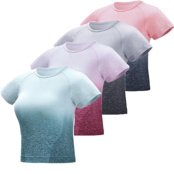 

yoga outfits summer women cropped seamless short sleeve crop woman workout shirts for sports gym fitness shirts1, White;red