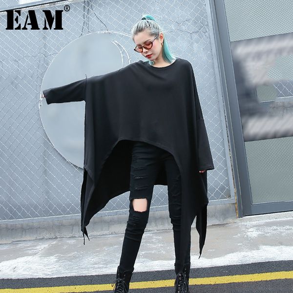 

[eam] new spring autumn round neck long sleeve black loose irregular cut hem large size t-shirt women fashion tide jh790 201125, White