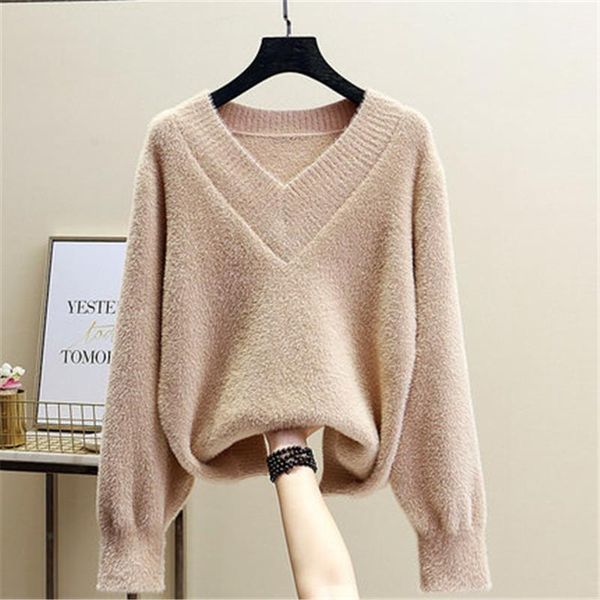 

autumn winter new v-neck faux mink velvet women knitwear loose thick pullover pull femme warm bottoming shirt ladies s22711, White;black