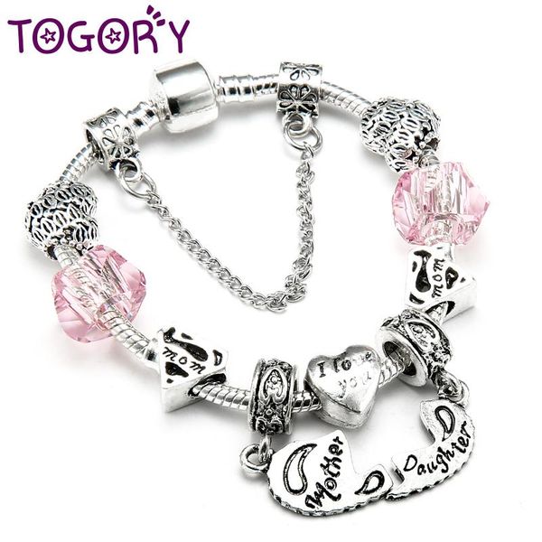 

TOGORY Antique Silver Plated Charm Bracelet & Bangle With Morther & Daughter Romantic Pendant Brand Bracelets for Women Jewelry, Golden;silver