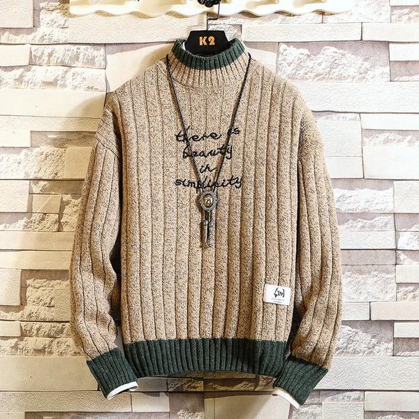 

men's sweaters winter striped turtleneck sweater men knitted embroidery pullovers thick warm mens christmas pull l-5xl, White;black
